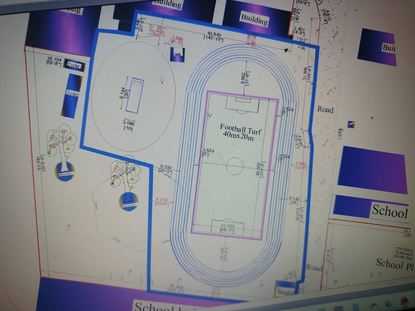 Site layout plan showing the football turf, running track and surrounding school buildings