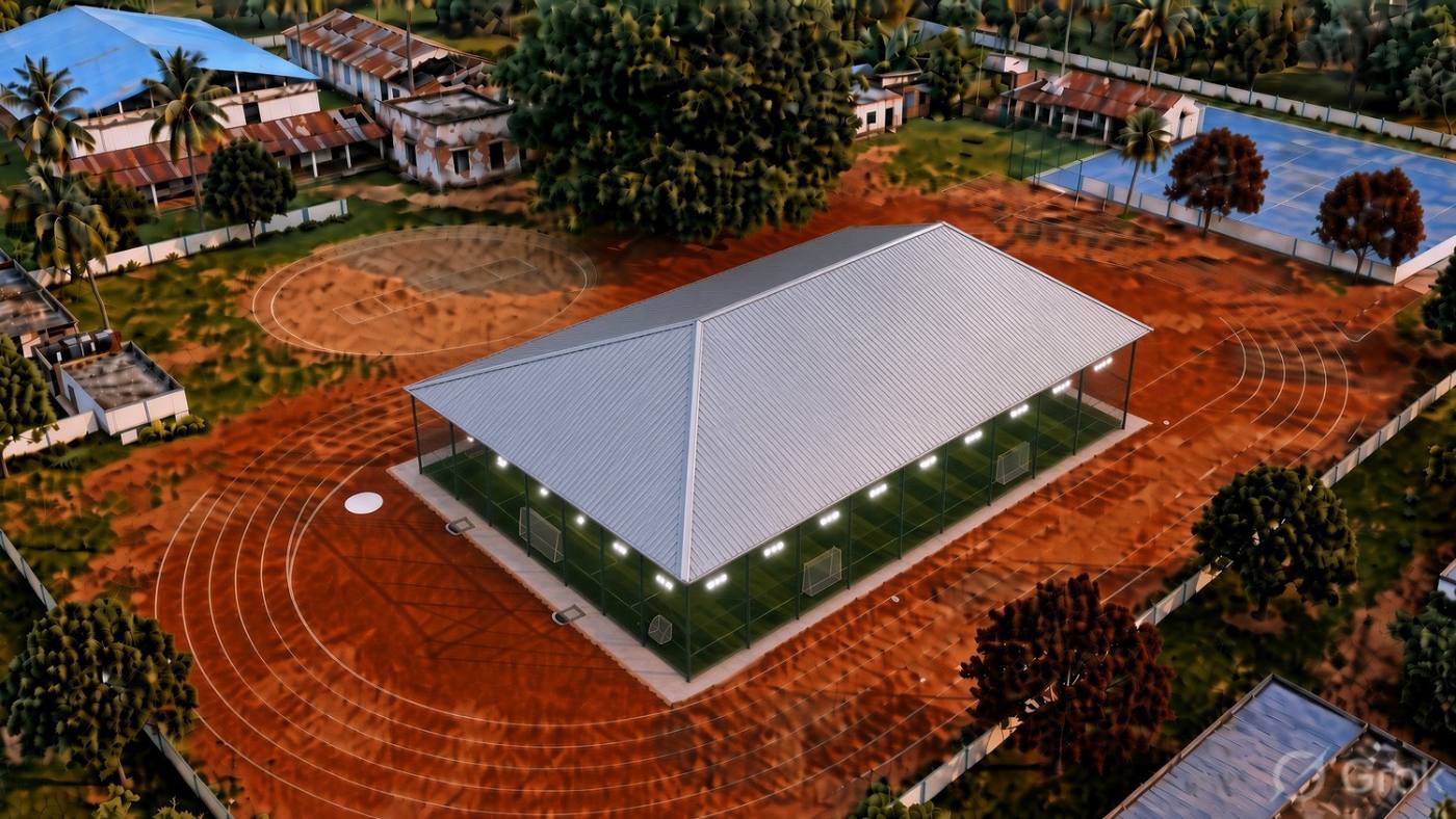 Aerial concept render of a covered turf surrounded by a red running track on the school campus