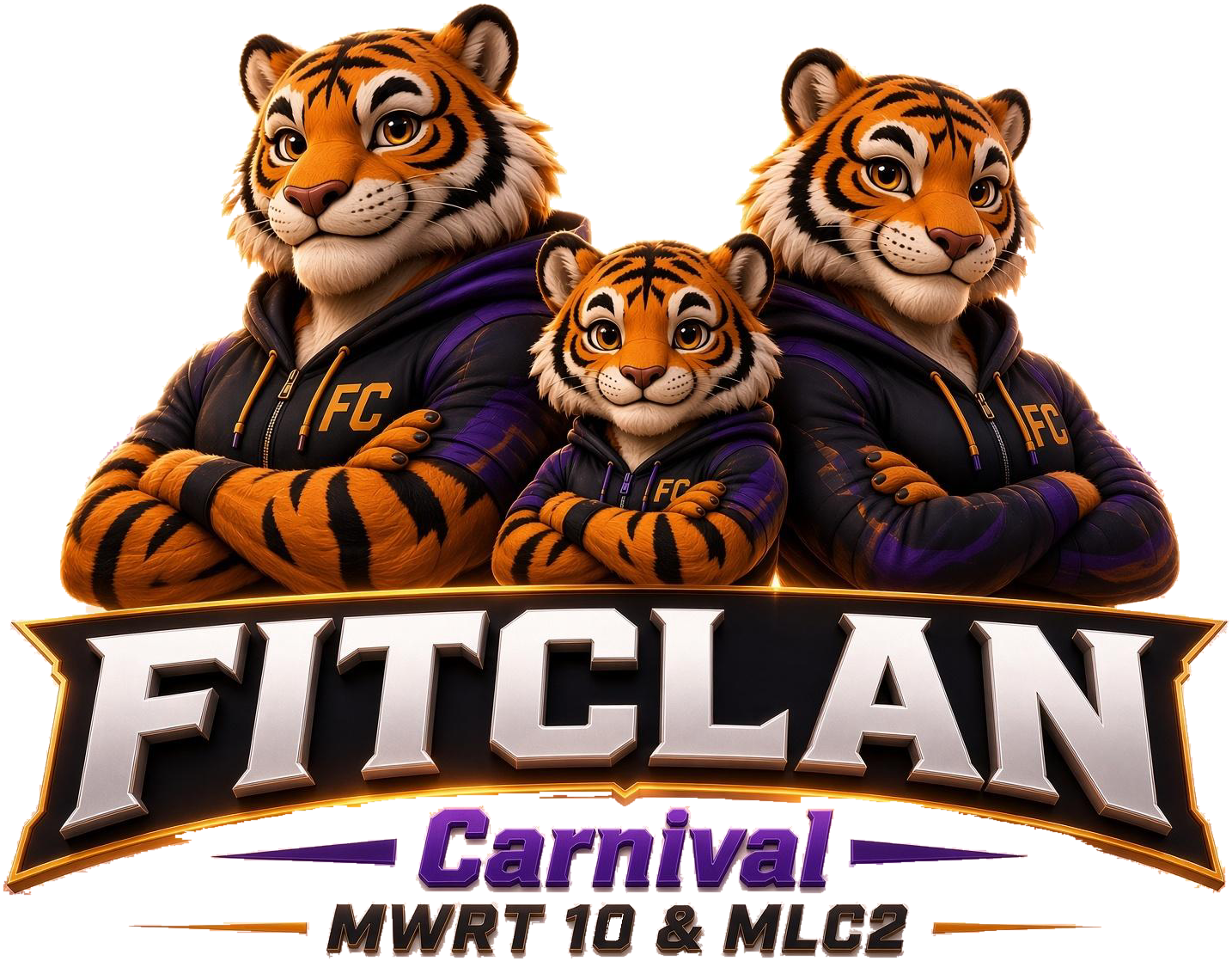 Fitclan Carnival logo: three tiger warriors in purple FC hoodies above the Fitclan Carnival wordmark, presented by MWRT 10 and MLC 2